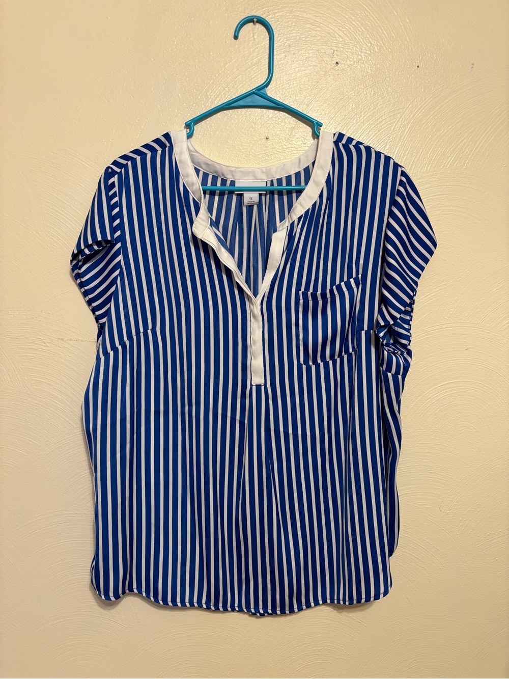Liz Claiborne Blue White Striped Blouse 1X Short Sleeve Pocket Top